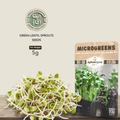 Green lentil sprouts seeds with a packaging label on a light background