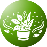 Logo for air purifying plants with a potted plant and text on a green background