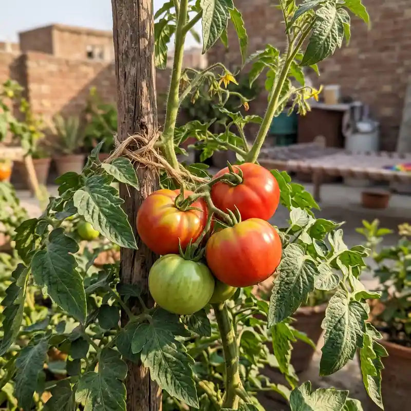 Tres Cantos tomatoes ripening on a staked plant in a rooftop kitchen garden in Pakistan