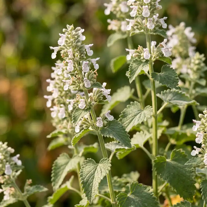Catnip (Nepeta cataria) plant with white flower spikes and grey-green leaves – catmint herb seeds Pakistan