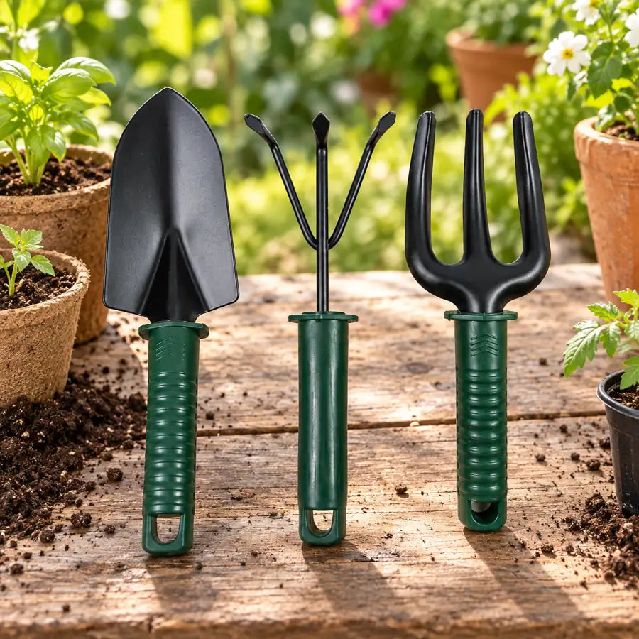 Trowel, hand rake and hand fork on a garden table with potted plants