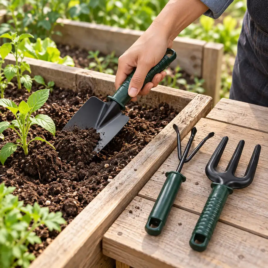 Garden trowel digging soil in a raised bed with hand rake and fork