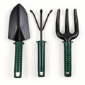 3-piece gardening tool set: trowel, hand rake and fork on white background