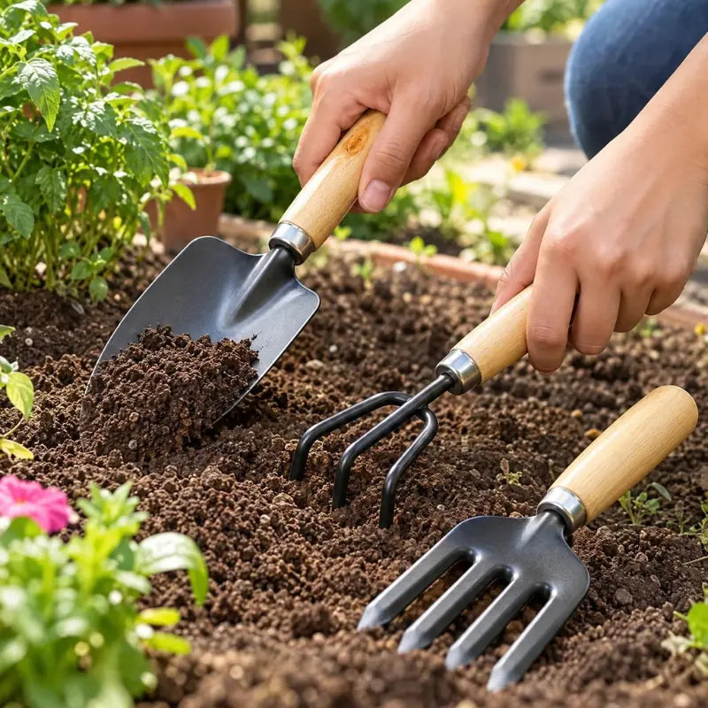 Gardening Tool Set with Wooden Handles – Shovel, Rake & Spade