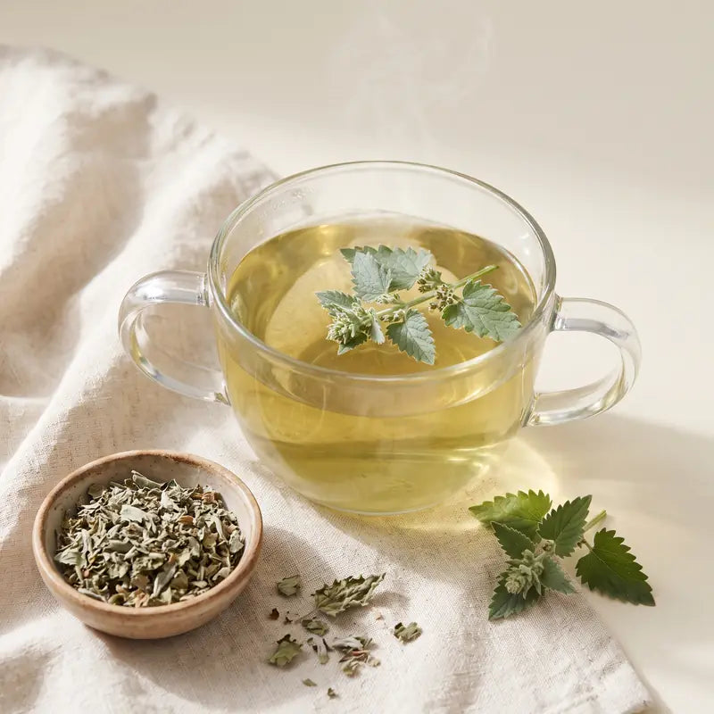 Catnip herbal tea in a glass cup with dried catmint leaves – calming herbal tea plant