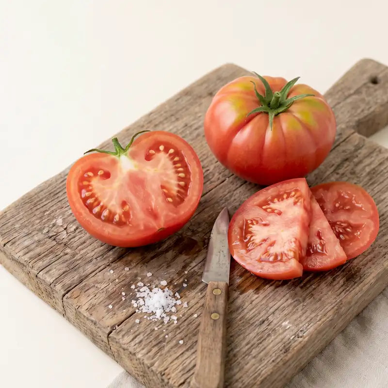 Tres Cantos tomato sliced on a wooden board showing firm, juicy red flesh – slicing tomato