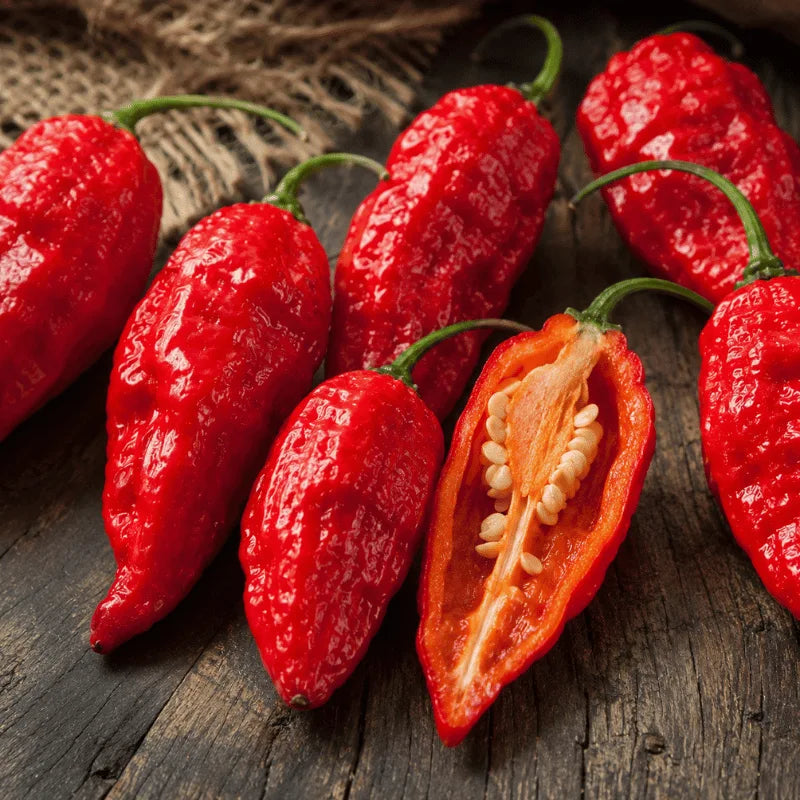 Red chili peppers on a wooden surface with one cut open to show seeds.