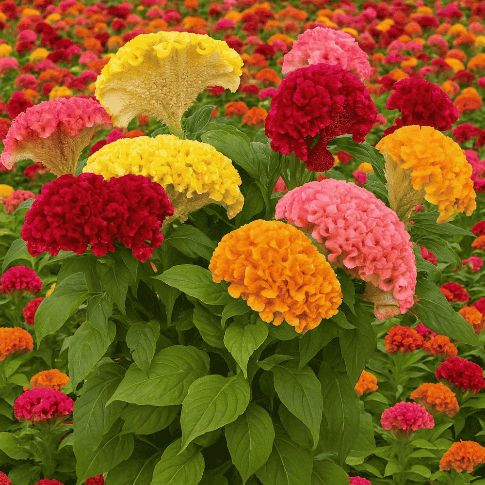 Field of colorful celosia flowers in red, yellow, and pink.
