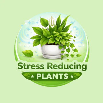 Potted plant with 'Stress Reducing Plants' text on a light green background