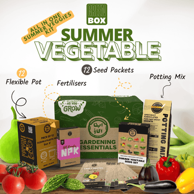 Green Box Summer Vegetable gardening kit with various gardening supplies on a wooden surface.
