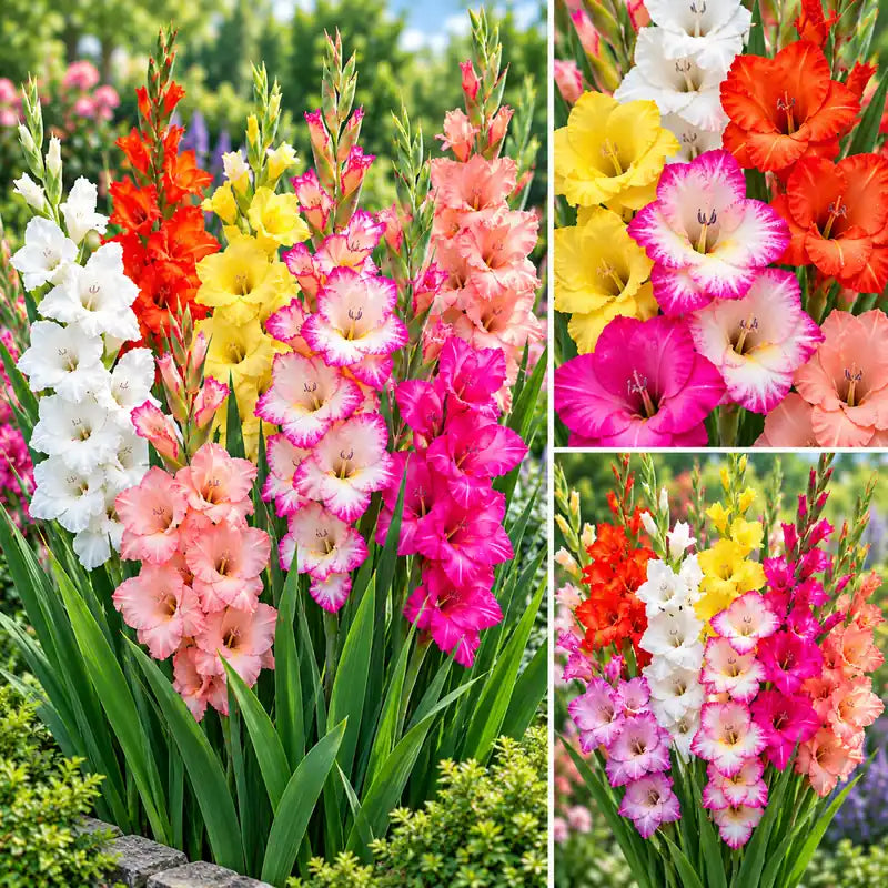 Close-up of mix colour gladiolus flowers in white, orange, pink, yellow and peach