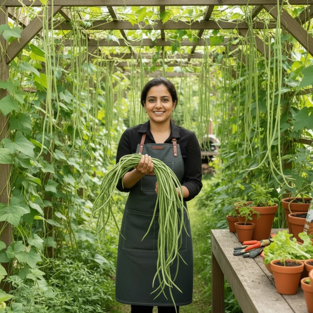 Woman holding green beans in a garden with plants and pots around