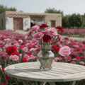 Bouquet of red and pink carnation cocktail flowers in a clear vase 