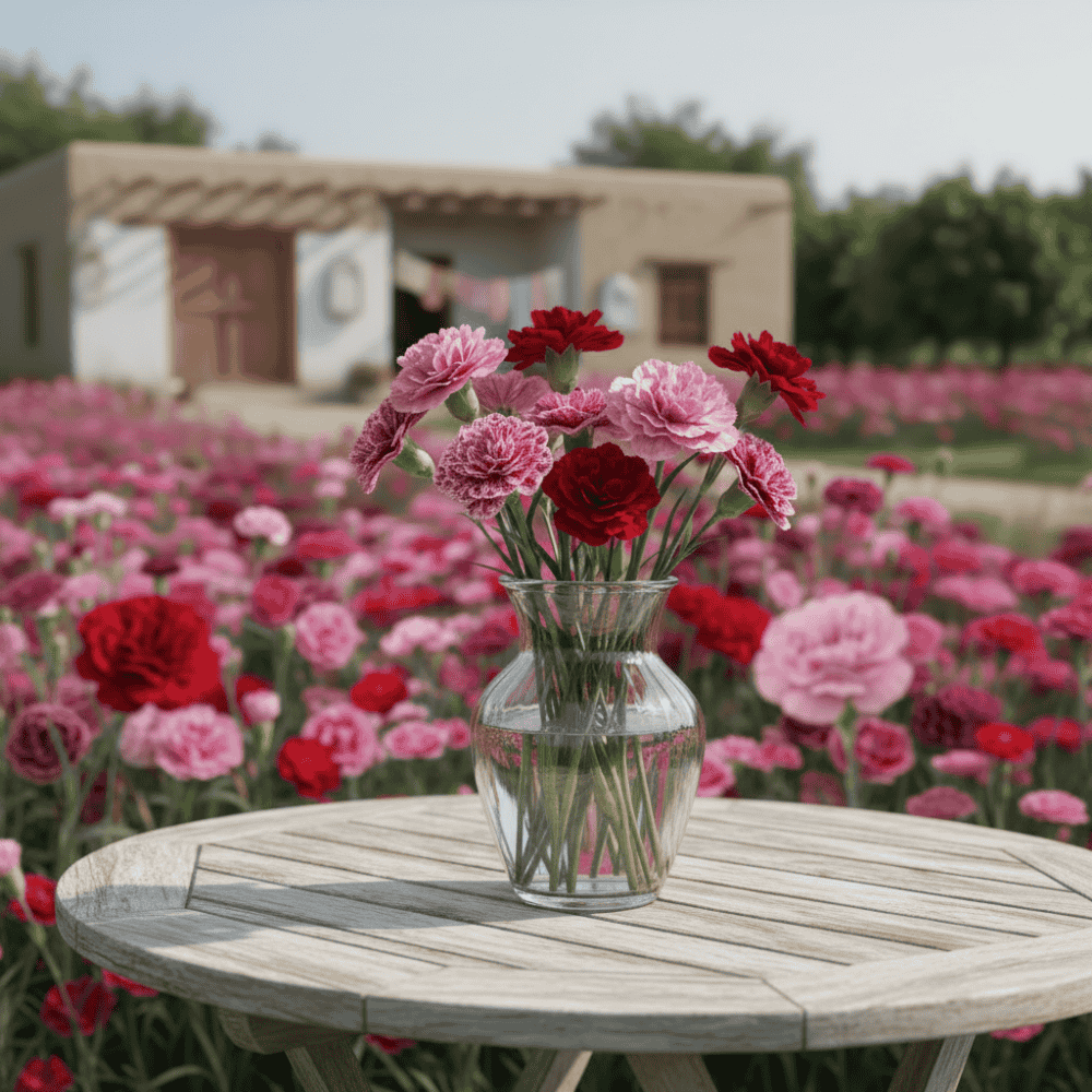 Bouquet of red and pink carnation cocktail flowers in a clear vase 