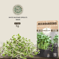 White mustard sprouts seeds with a packet of microgreens on a beige background