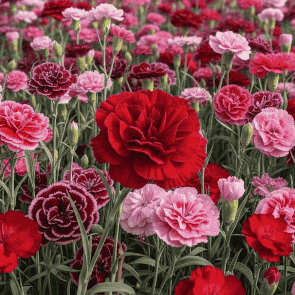Field of red and pink carnations cocktail flower with green stems.