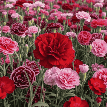 Field of red and pink carnations cocktail flower with green stems.