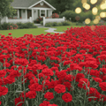 Field of red flowers with a blurred house and garden in the background