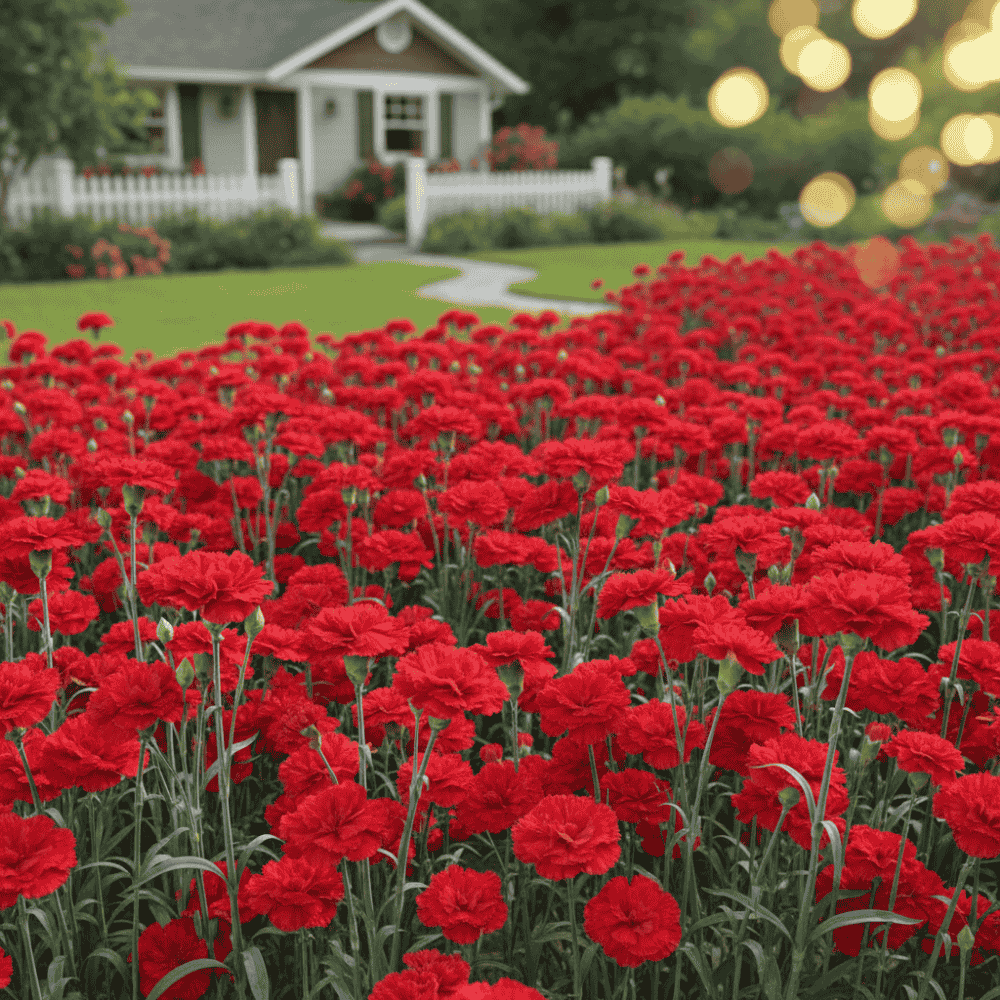 Field of red flowers with a blurred house and garden in the background
