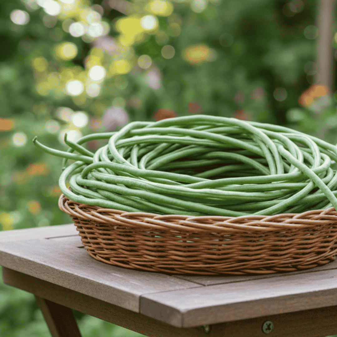 Person holding a bundle of green beans in a garden setting