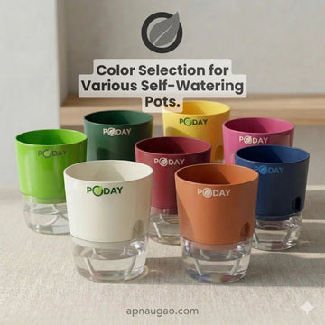 Colorful self-watering pots with 'PODAY' branding on a neutral background.