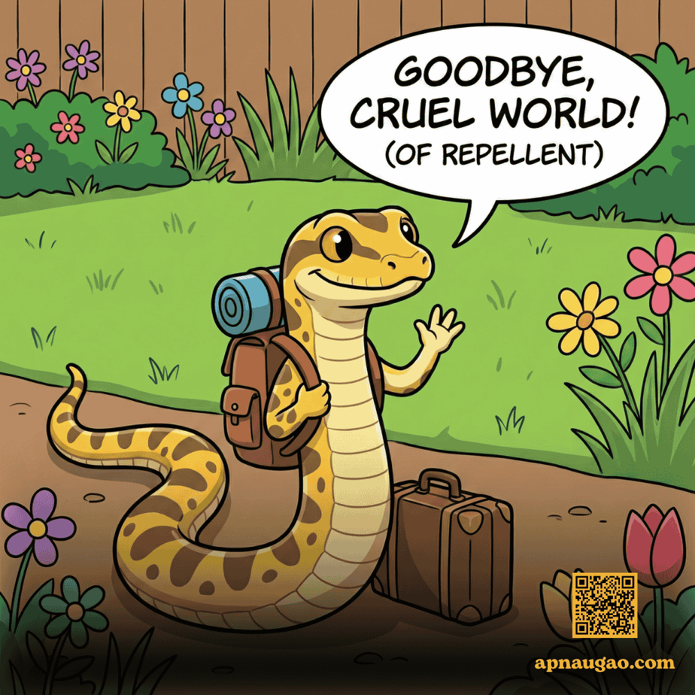 Snake repellent packaging with cartoon snake and brand logo on a black background