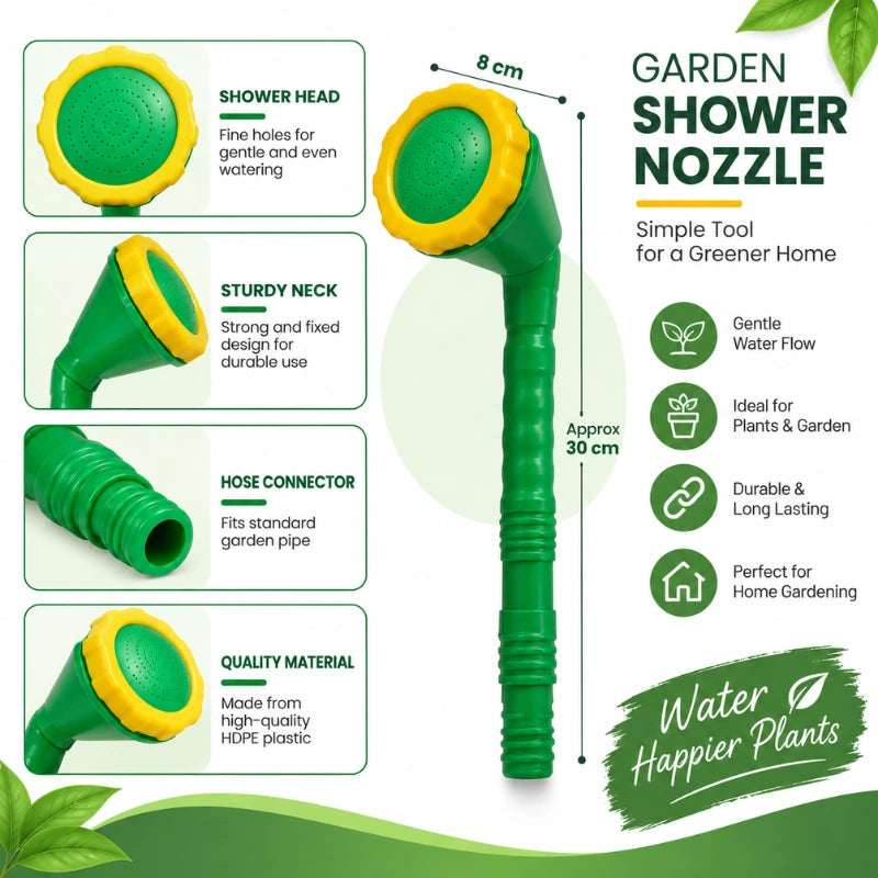 Garden hose shower head watering flowers in a home garden