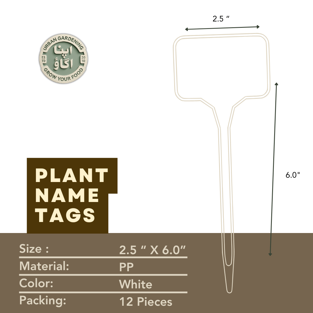 Plant name tag with dimensions, material, color, and quantity on a green background