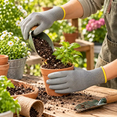 Gardening gloves protecting hands while handling soil and potting mix