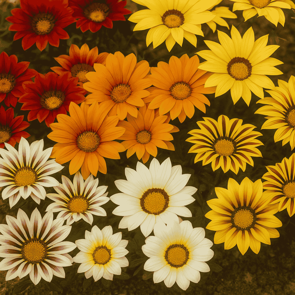 gazania of red, orange, yellow, and white flowers on a dark background