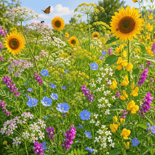 honey bee wildflowers including sunflowers, daisies, and bluebells seeds by apnaugao