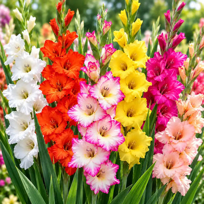 Close-up of mix colour gladiolus flowers in white, orange, pink, yellow and peach