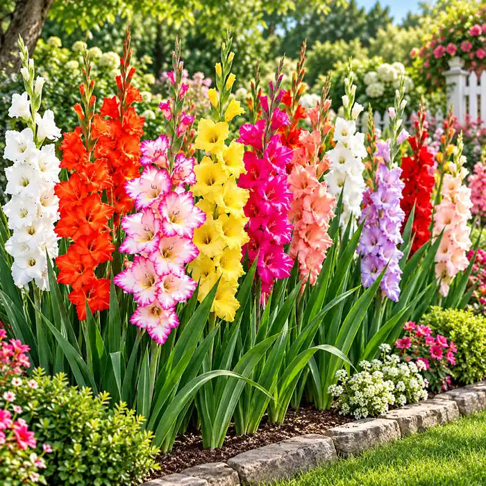 Mixed colour gladiolus flowers planted along a garden border, grown from bulbs
