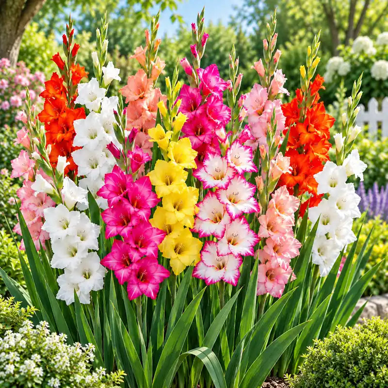 Multicolour gladiolus plants in full bloom in a home garden