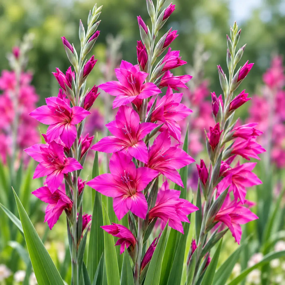 Close-up of Purple Queen gladiolus flowers with magenta petals