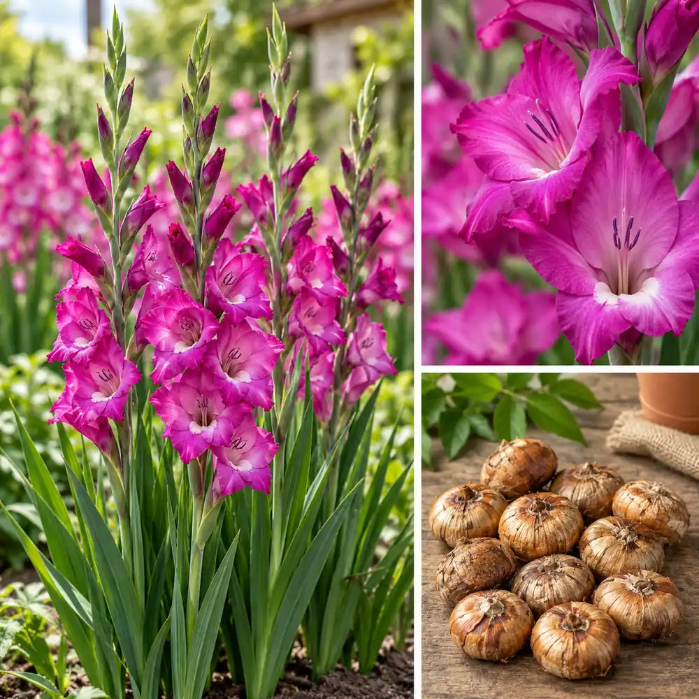 Tall magenta Purple Queen gladiolus flowers growing in a home garden
