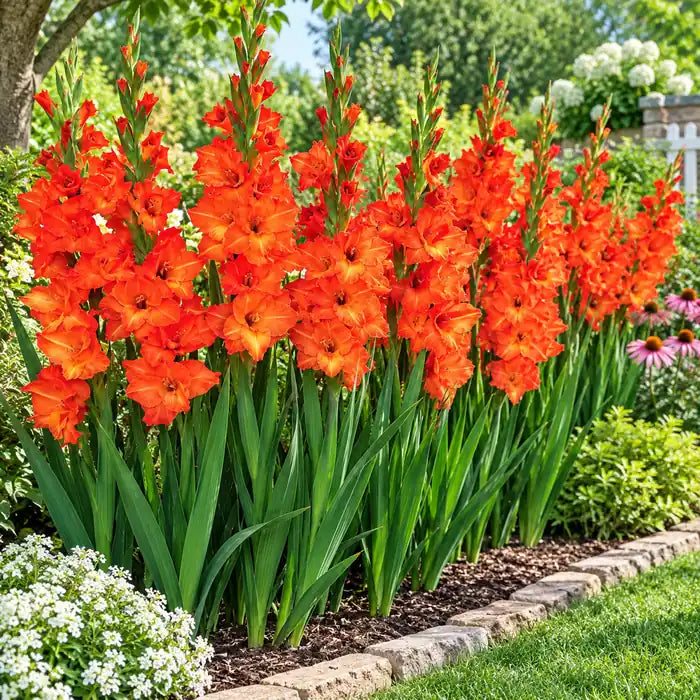 Red Valentine gladiolus plants blooming along a garden border, grown from bulbs