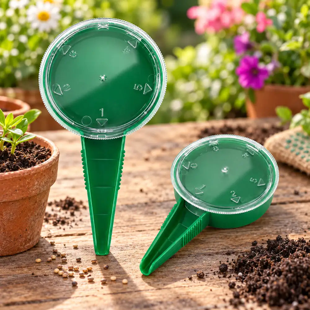 Using a hand seed dispenser to sow seeds in a seedling tray