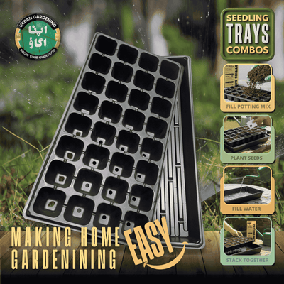 Seedling trays with gardening instructions on a natural background