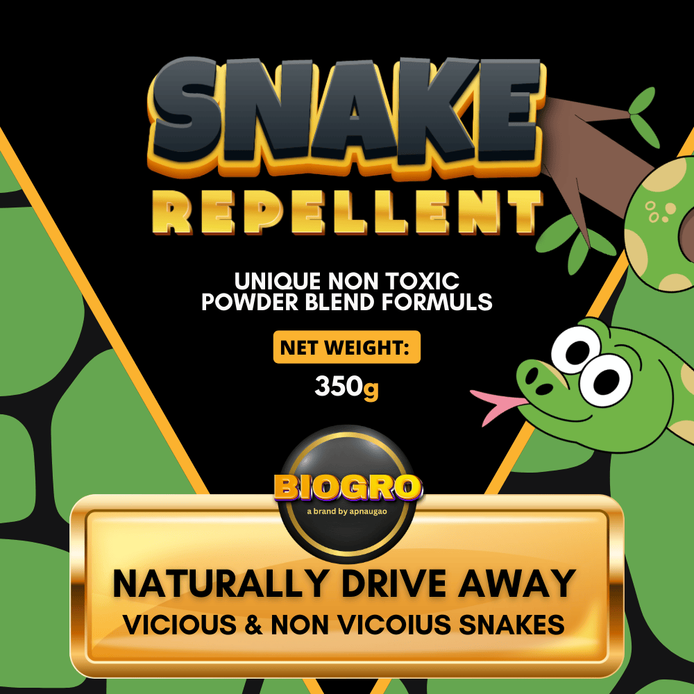 Snake repellent packaging with cartoon snake and brand logo on a black background