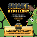 Snake repellent packaging with cartoon snake and brand logo on a black background