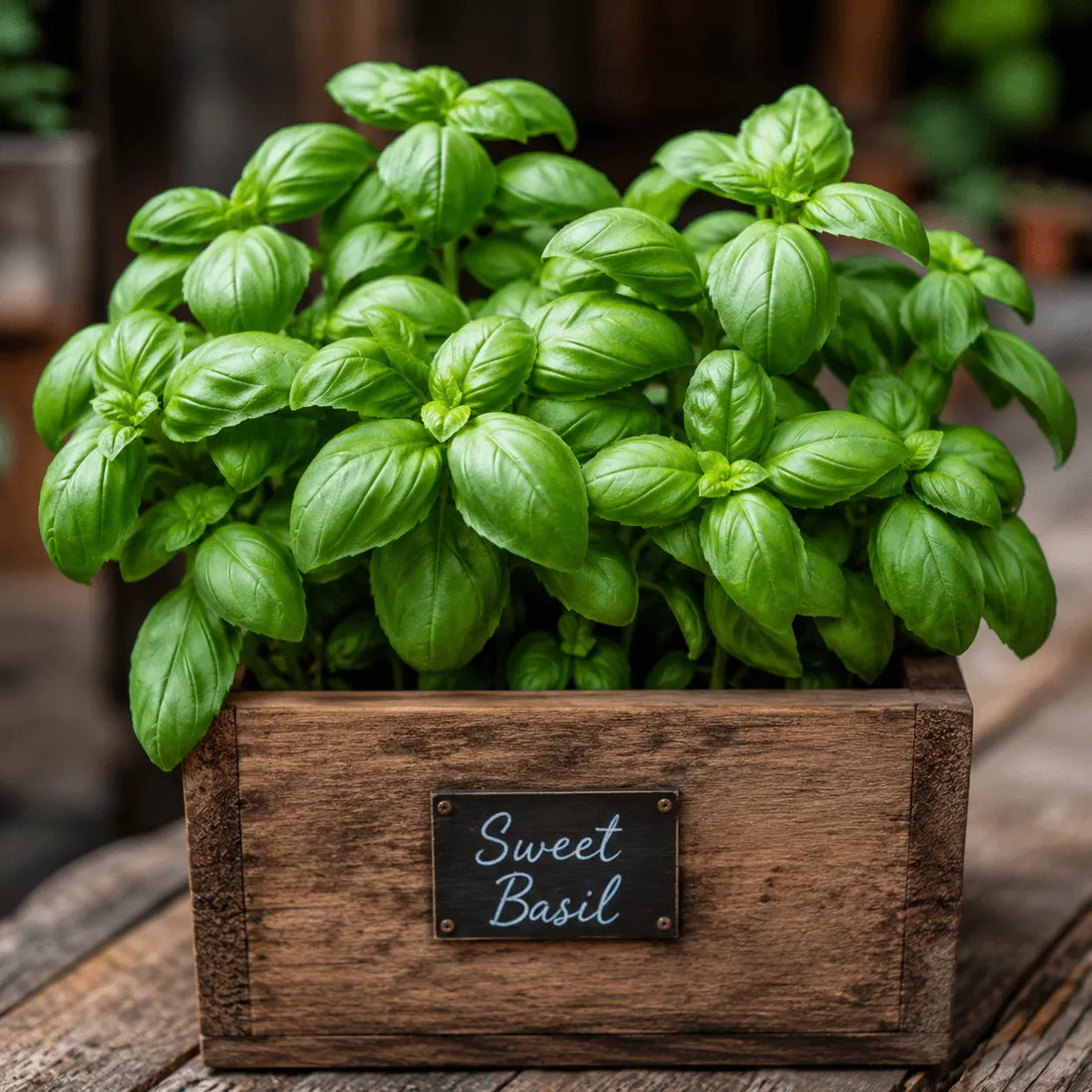 Potted sweet basil plant with a wooden planter on a wooden surface