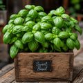 Potted sweet basil plant with a wooden planter on a wooden surface