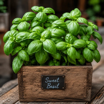 Potted sweet basil plant with a wooden planter on a wooden surface