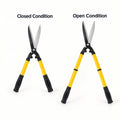 Telescopic hedge shears with yellow handles shown closed and fully extended