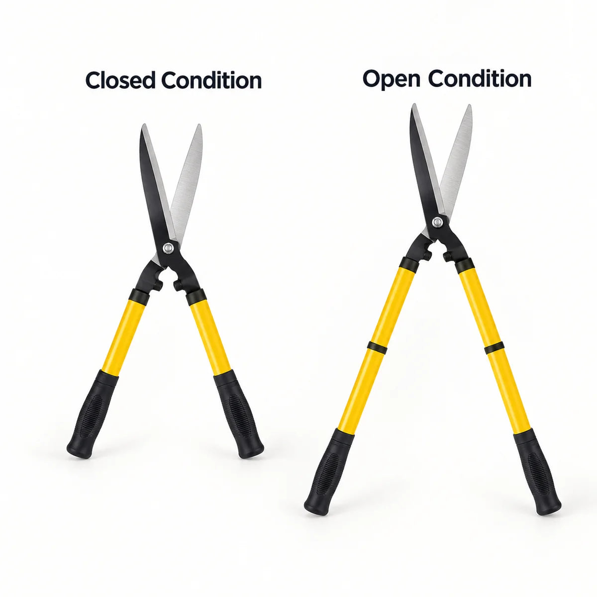 Telescopic hedge shears with yellow handles shown closed and fully extended
