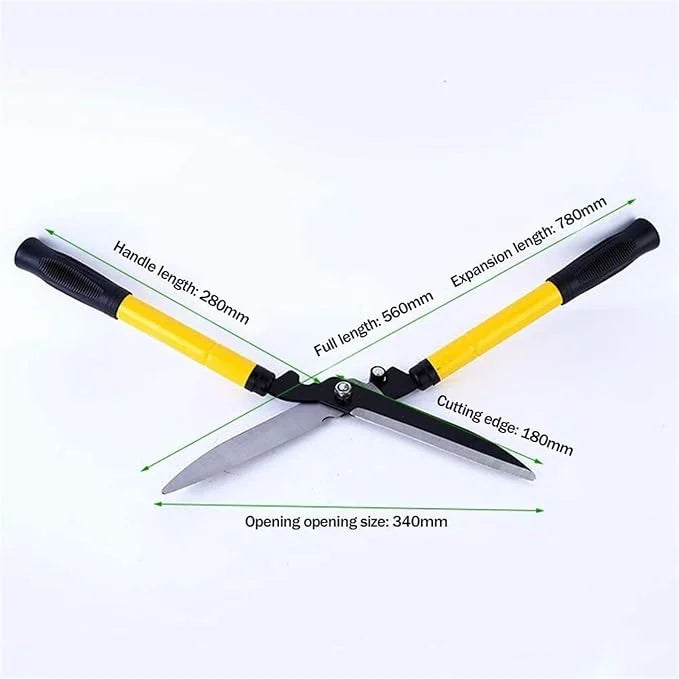 Hedge shears dimensions: 560 mm length, 780 mm extended, 180 mm cutting blade