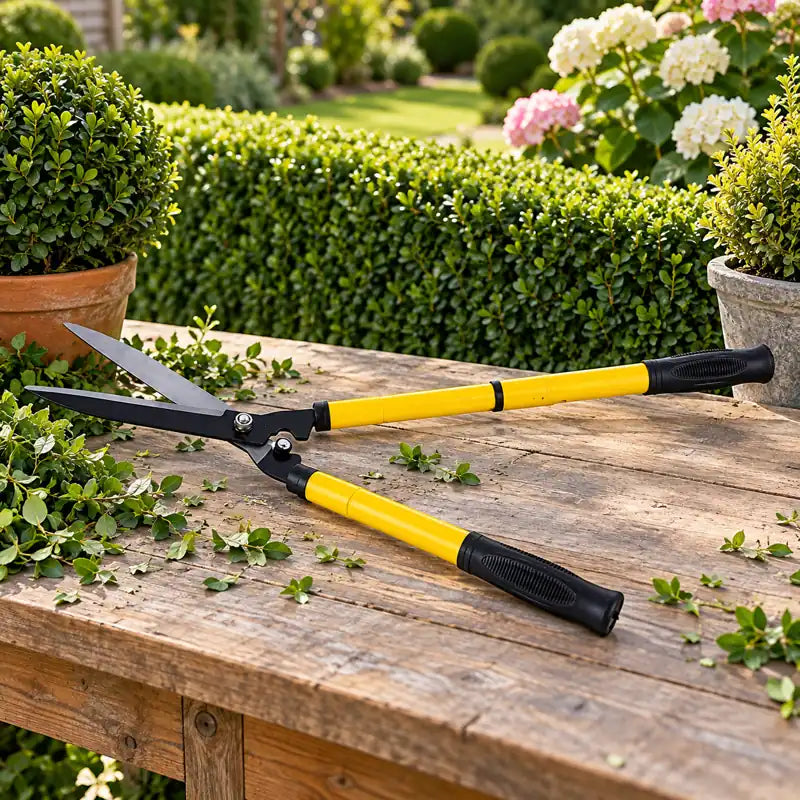 Yellow telescopic hedge shears on a garden table beside trimmed hedge clippings