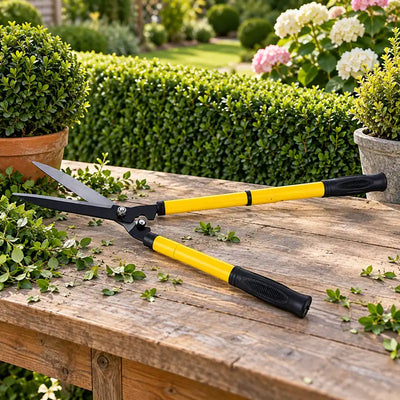 Yellow telescopic hedge shears on a garden table beside trimmed hedge clippings