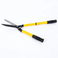 Garden hedge shears with black steel blades and yellow extendable handles